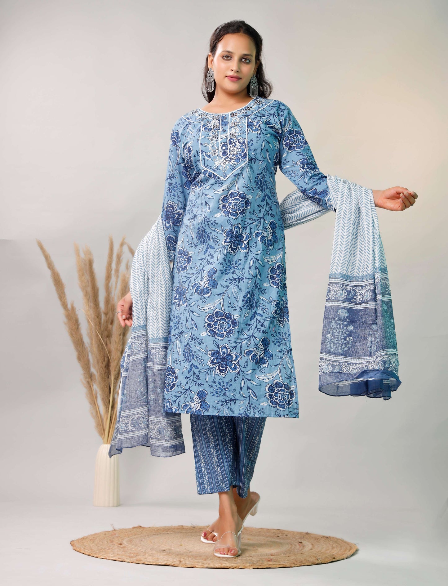 BLUE EMBROIDERED 3 PC