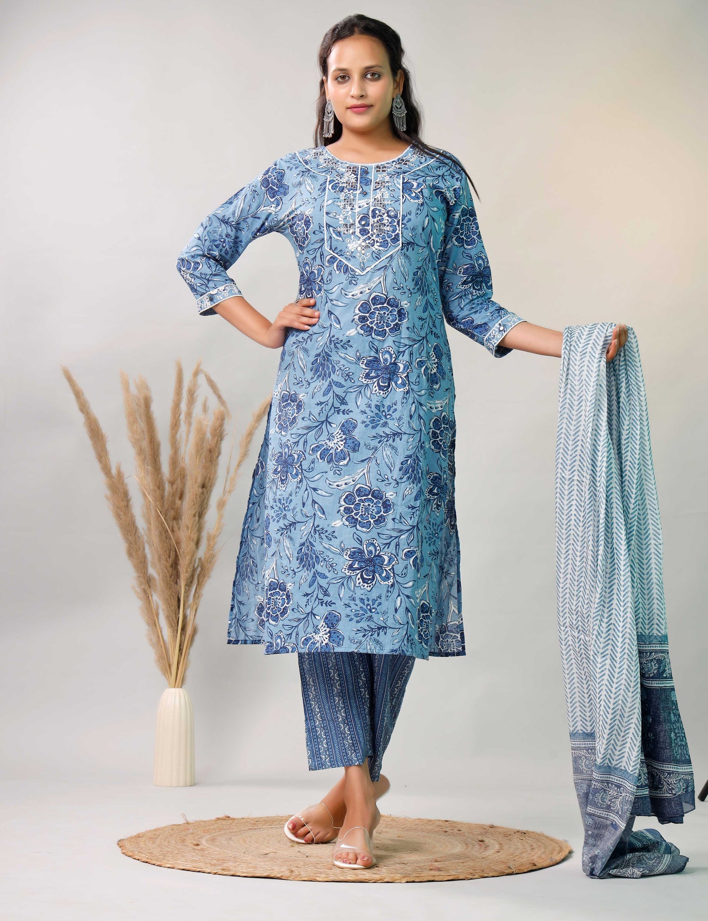 BLUE EMBROIDERED 3 PC
