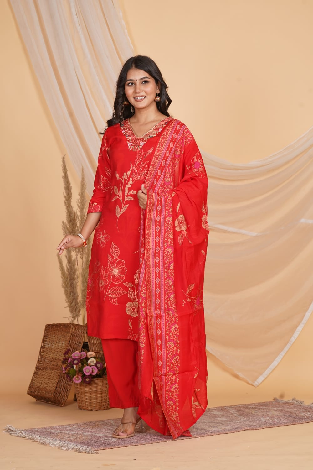 RED ROMAN SLIK EMBROIDERED 3 PC