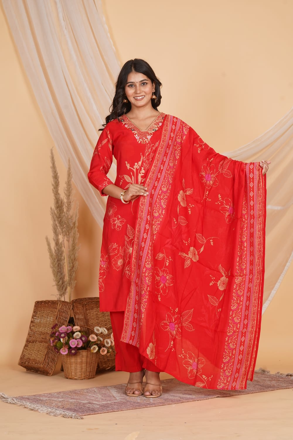 RED ROMAN SLIK EMBROIDERED 3 PC