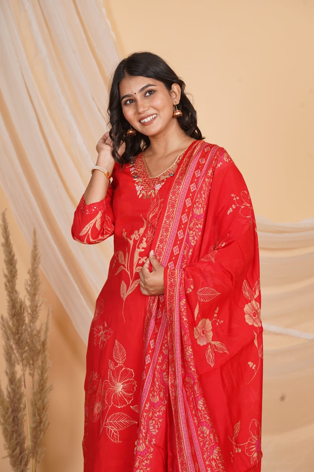RED ROMAN SLIK EMBROIDERED 3 PC