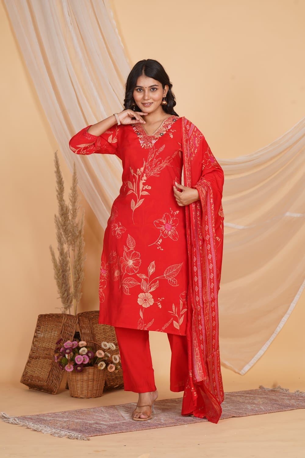 RED ROMAN SLIK EMBROIDERED 3 PC