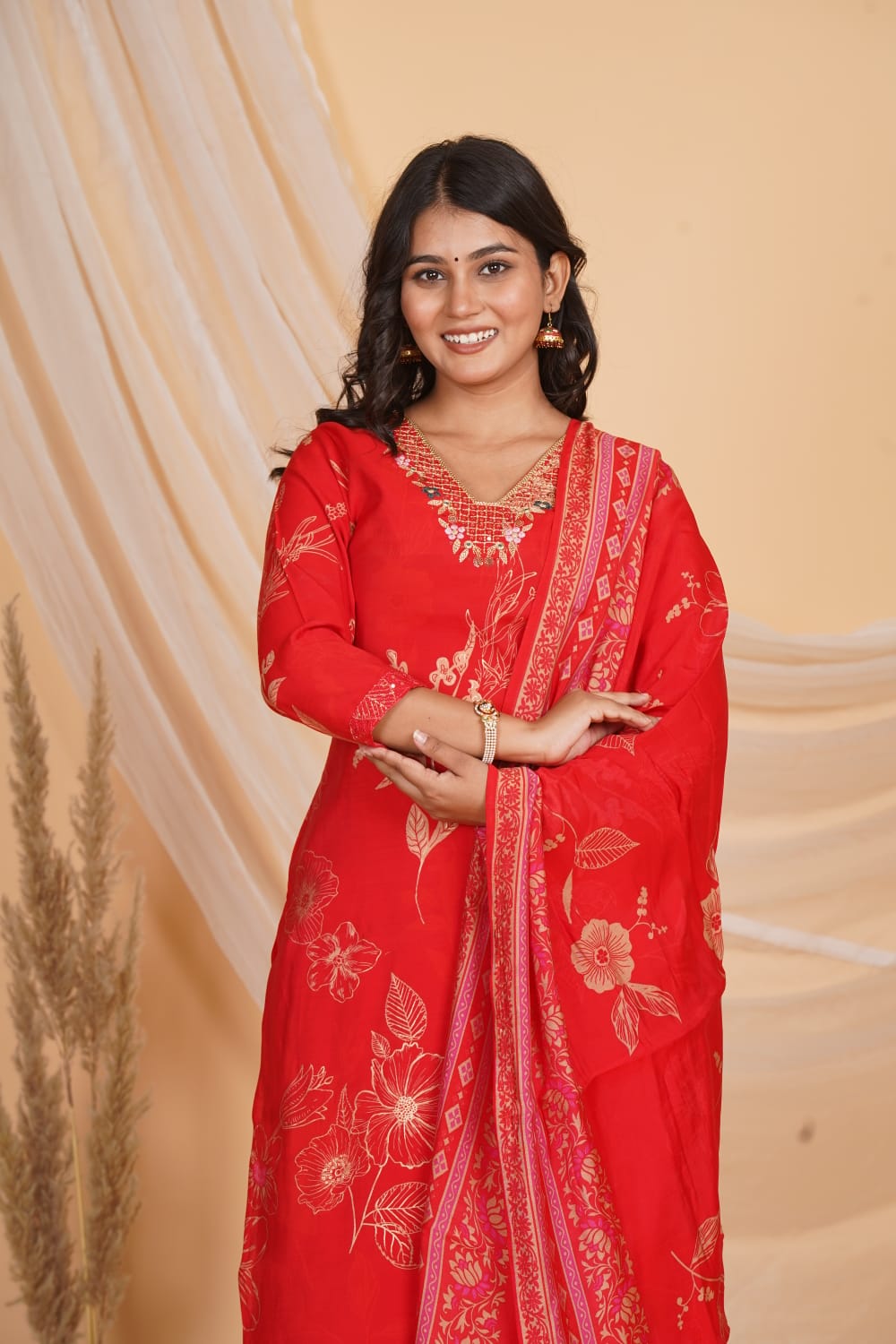 RED ROMAN SLIK EMBROIDERED 3 PC