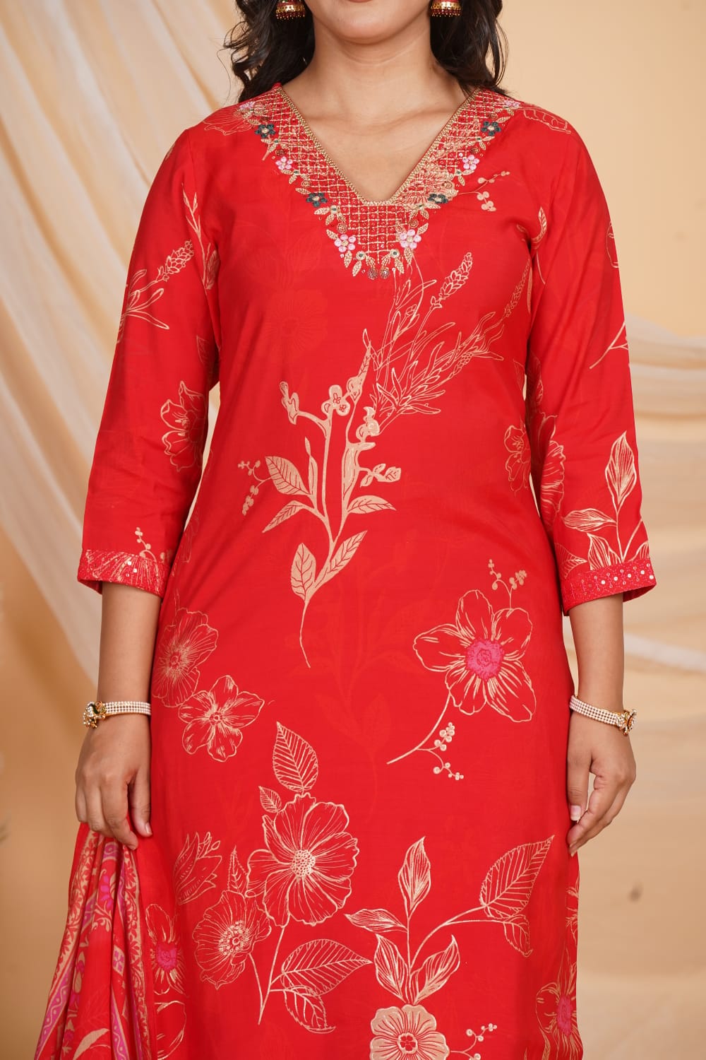 RED ROMAN SLIK EMBROIDERED 3 PC