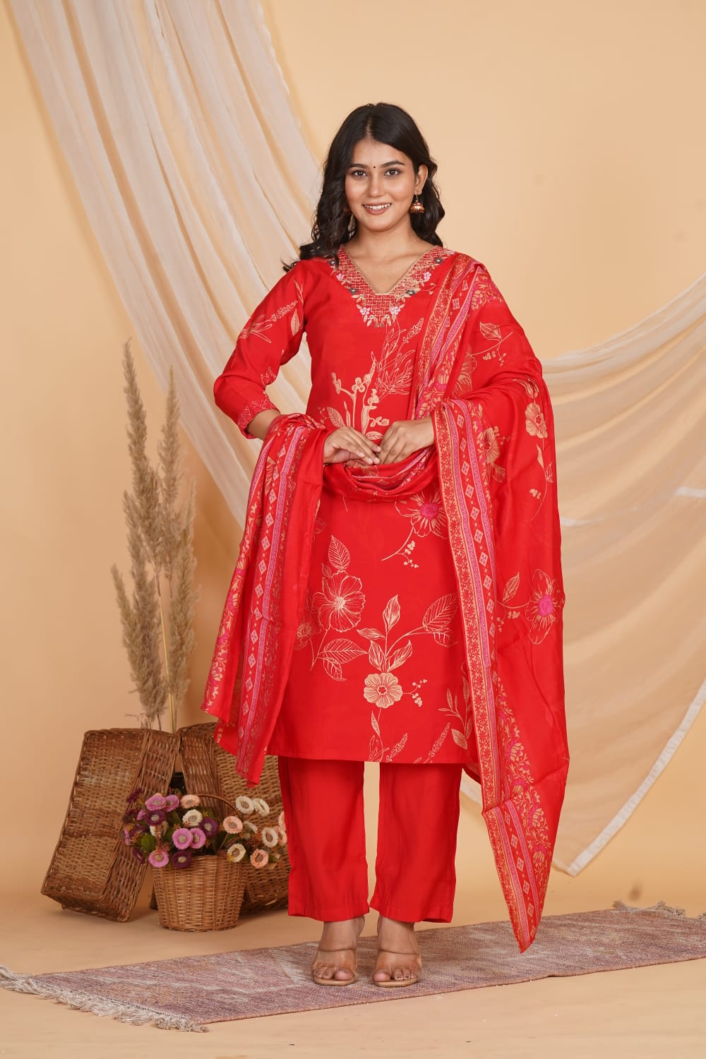 RED ROMAN SLIK EMBROIDERED 3 PC