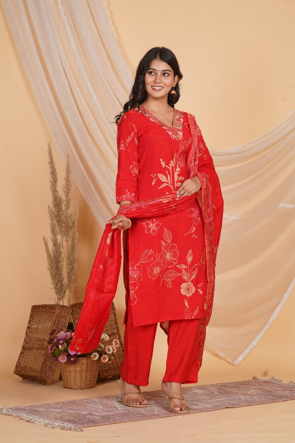 RED ROMAN SLIK EMBROIDERED 3 PC