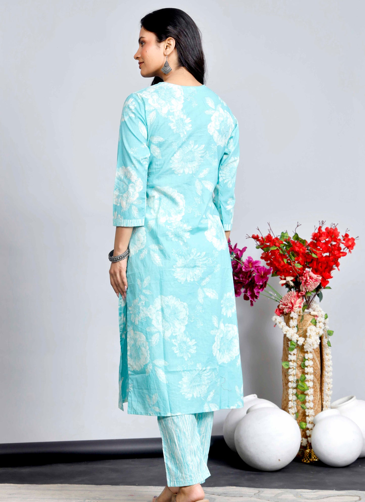 Blue Floral Cotton Kurta Set with Printed Dupatta – Traditional Ethnic Wear for Women