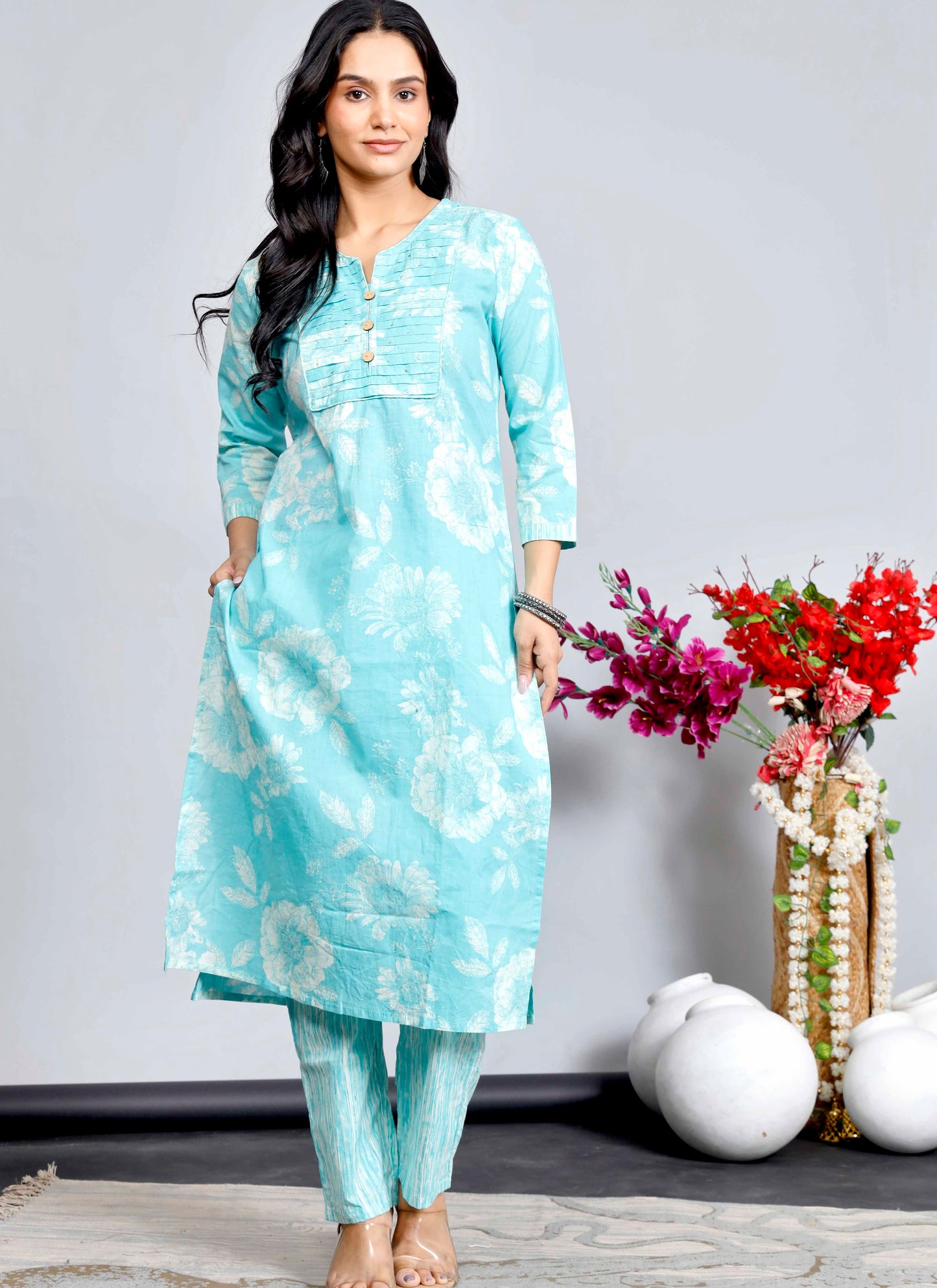 Blue Floral Cotton Kurta Set with Printed Dupatta – Traditional Ethnic Wear for Women