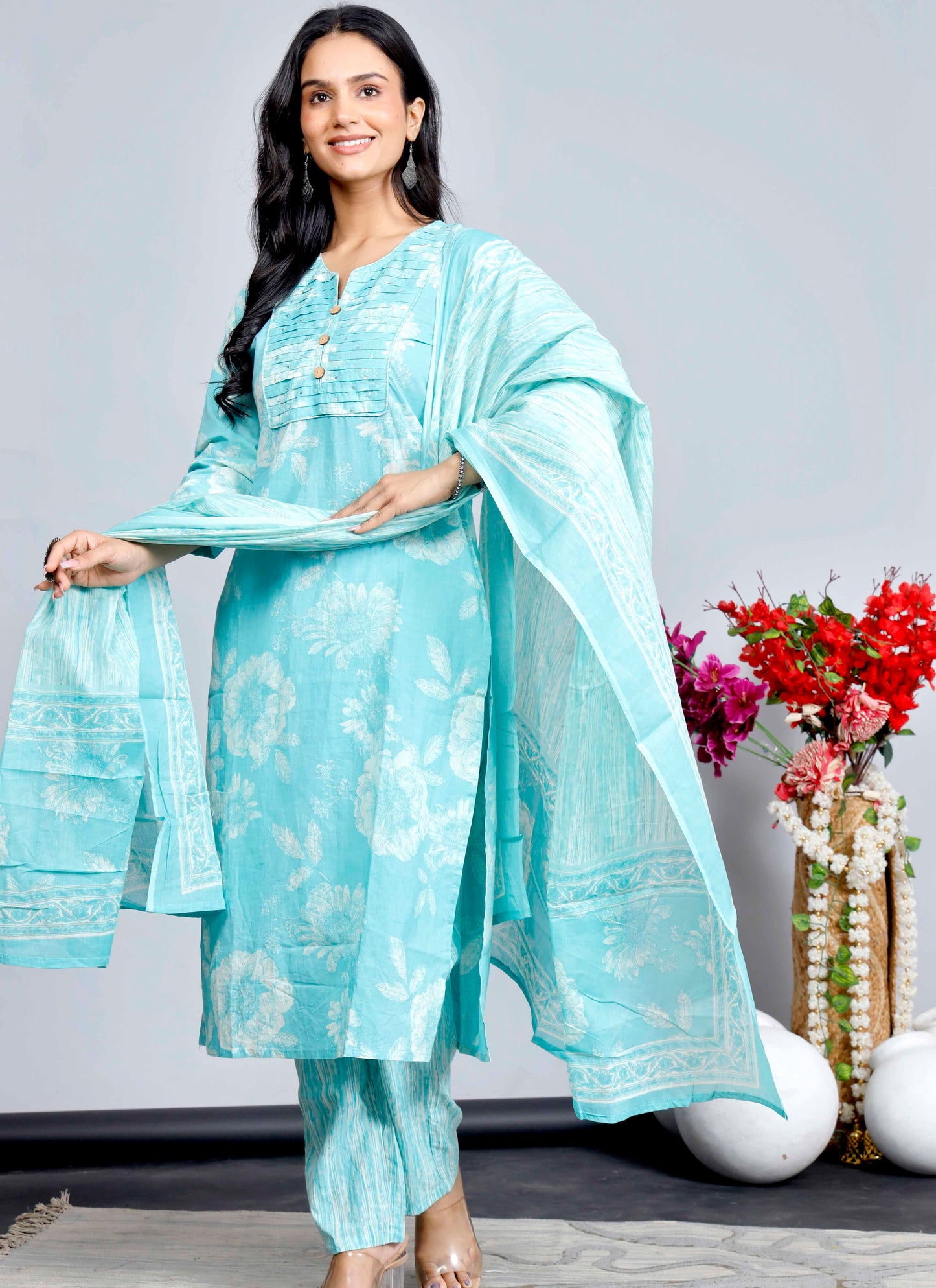Blue Floral Cotton Kurta Set with Printed Dupatta – Traditional Ethnic Wear for Women