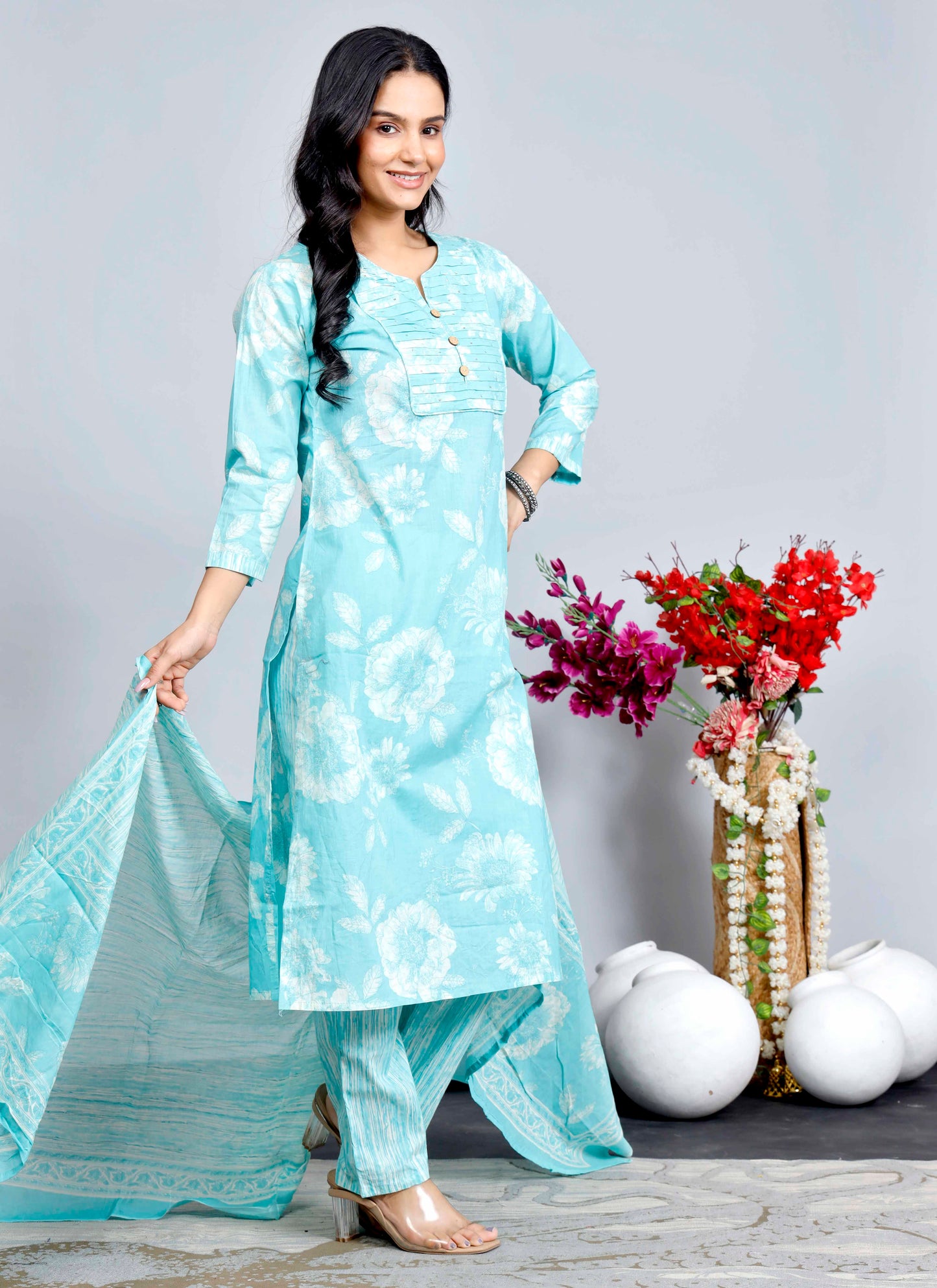 Blue Floral Cotton Kurta Set with Printed Dupatta – Traditional Ethnic Wear for Women