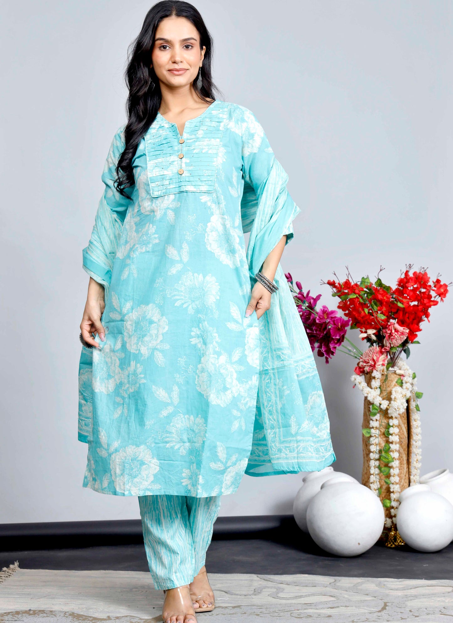 Blue Floral Cotton Kurta Set with Printed Dupatta – Traditional Ethnic Wear for Women