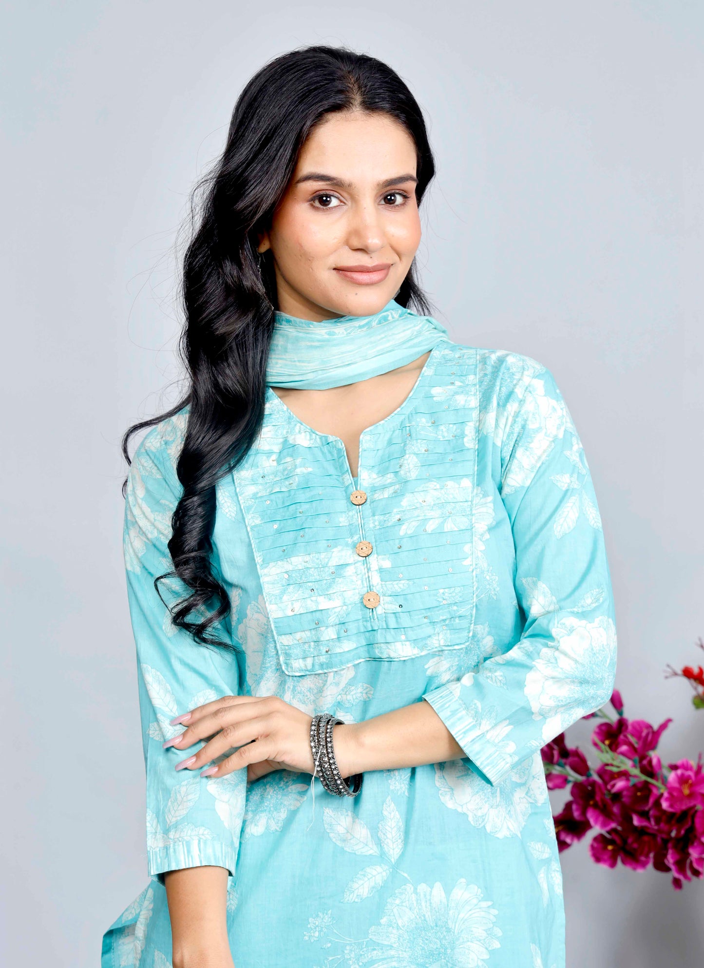 Blue Floral Cotton Kurta Set with Printed Dupatta – Traditional Ethnic Wear for Women