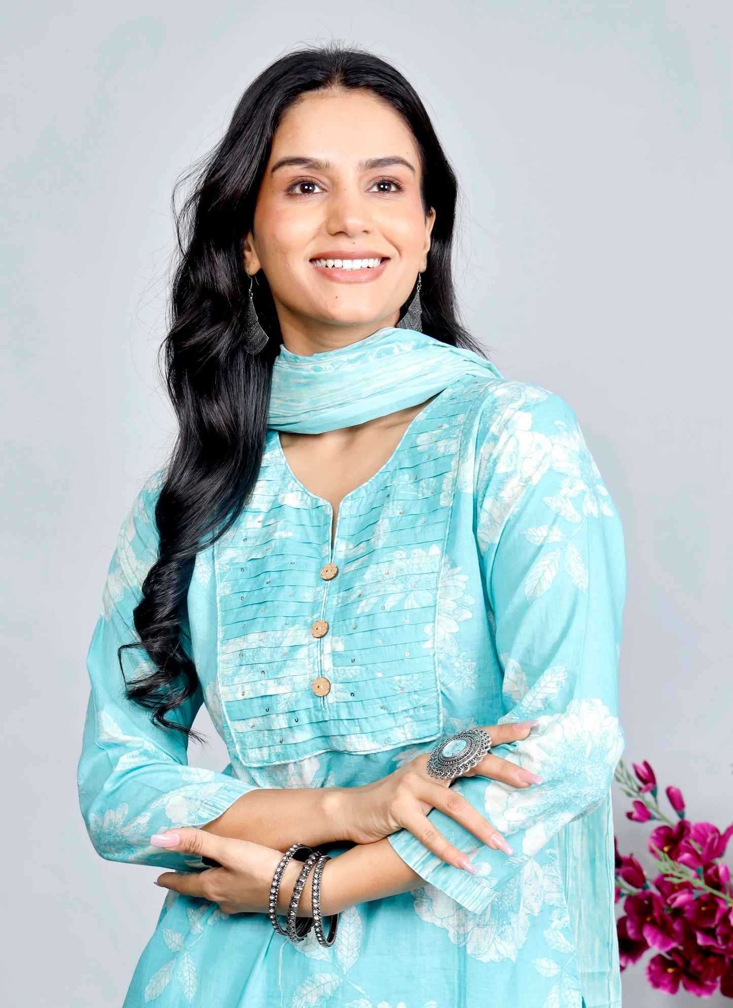 Blue Floral Cotton Kurta Set with Printed Dupatta – Traditional Ethnic Wear for Women