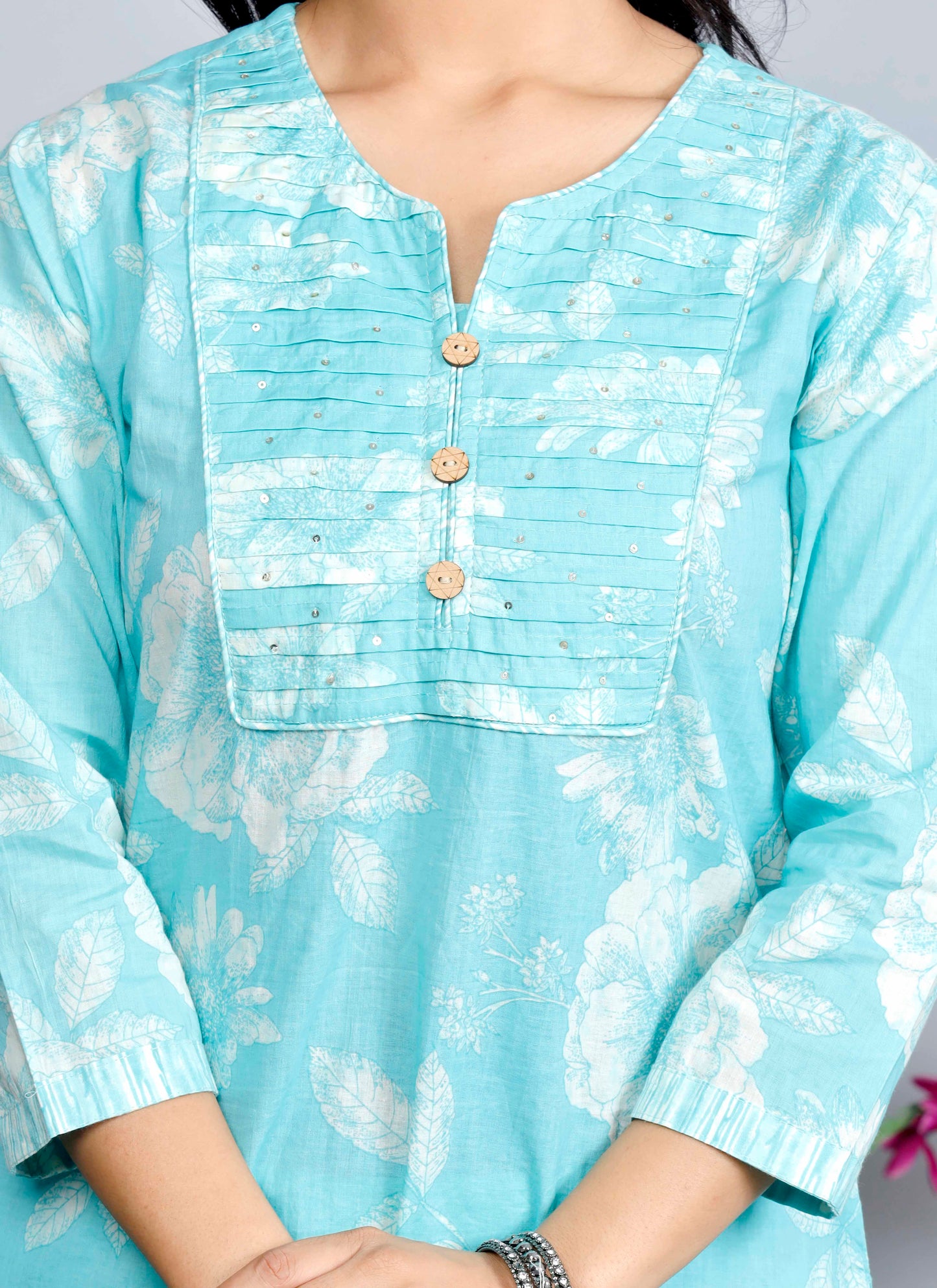 Blue Floral Cotton Kurta Set with Printed Dupatta – Traditional Ethnic Wear for Women