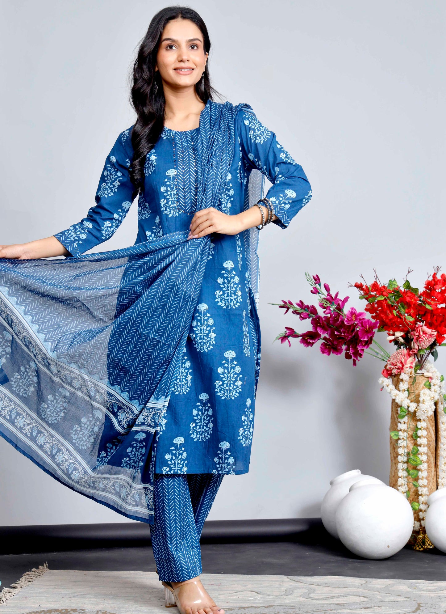 Classic Indigo Blue Floral Printed Cotton Kurta Set with Straight Pants – Elegant Everyday Ethnic Wear