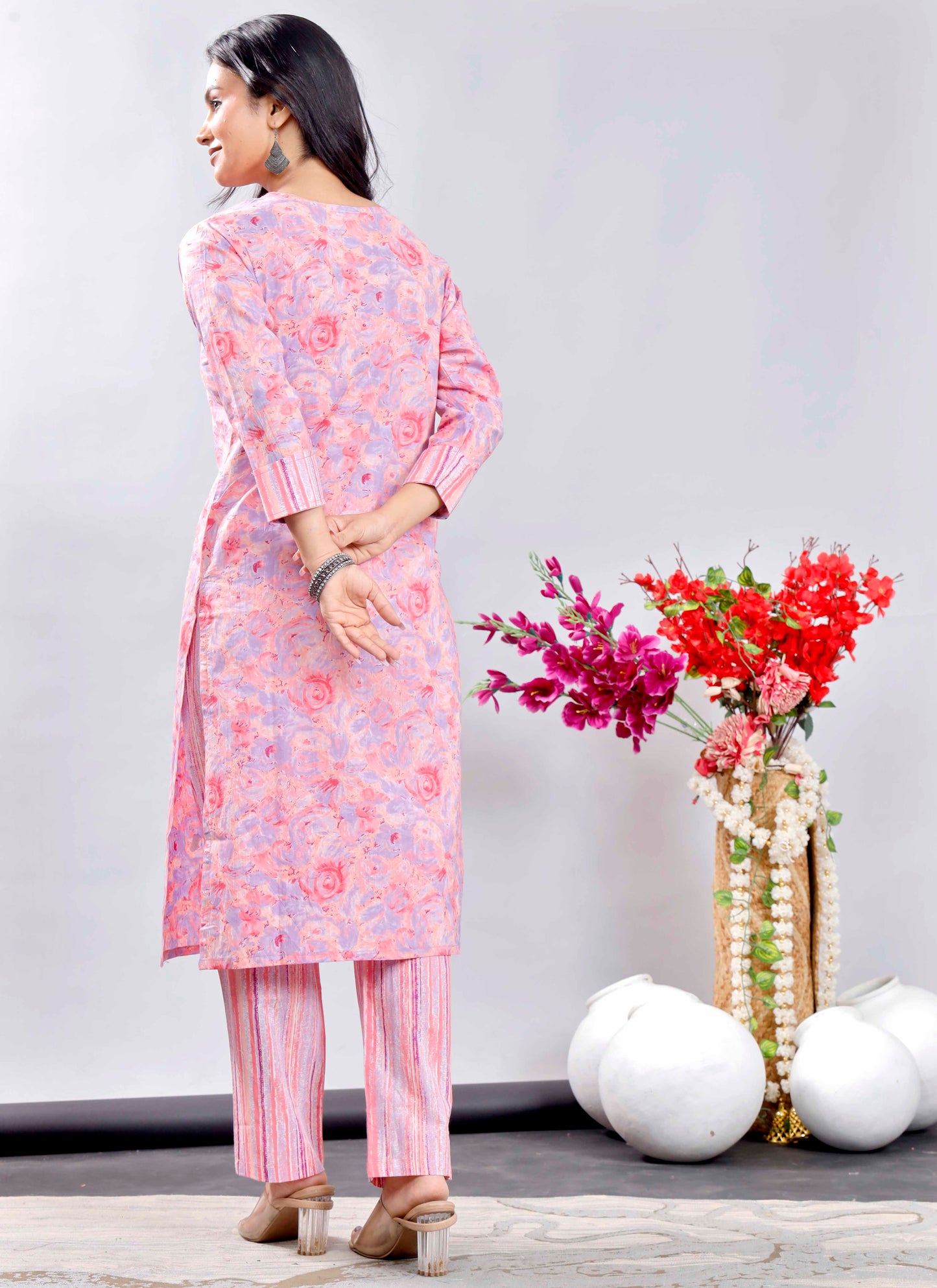 Pink Floral Cotton Suit Set with Printed Dupatta – Traditional Indian Ethnic Wear