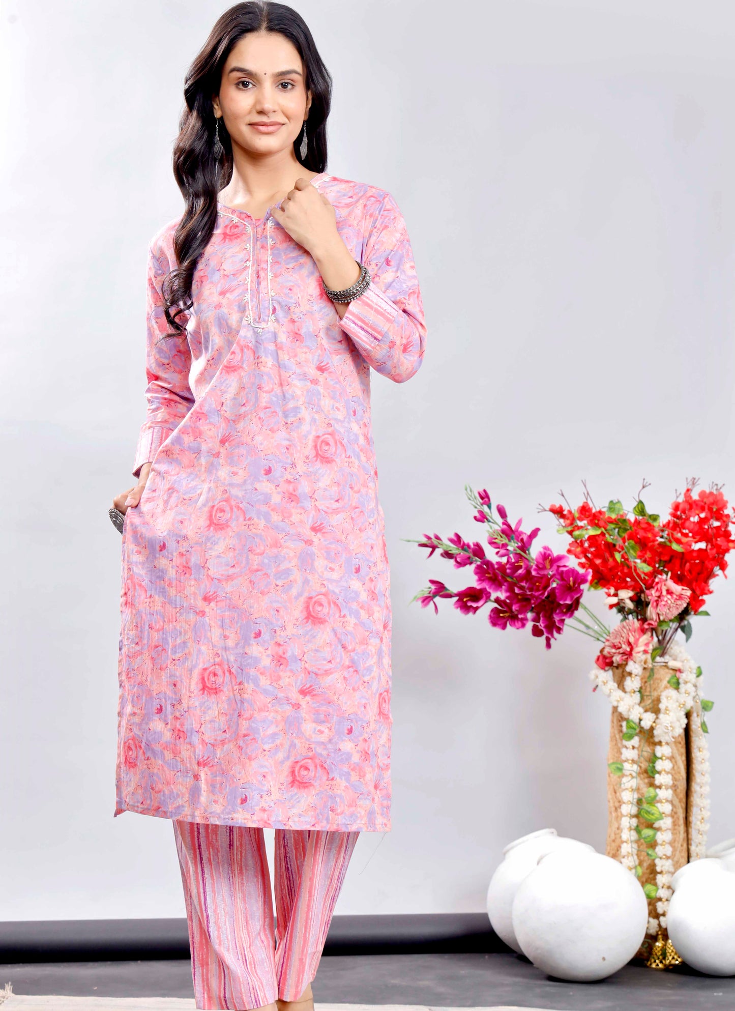 Pink Floral Cotton Suit Set with Printed Dupatta – Traditional Indian Ethnic Wear