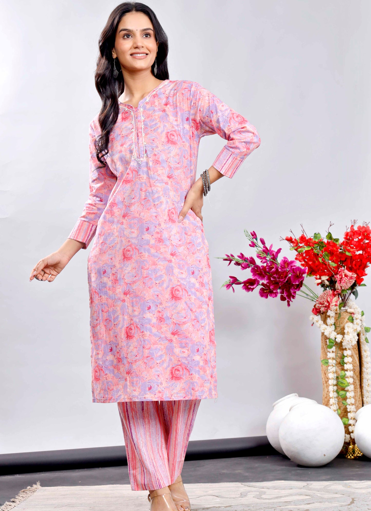 Pink Floral Cotton Suit Set with Printed Dupatta – Traditional Indian Ethnic Wear