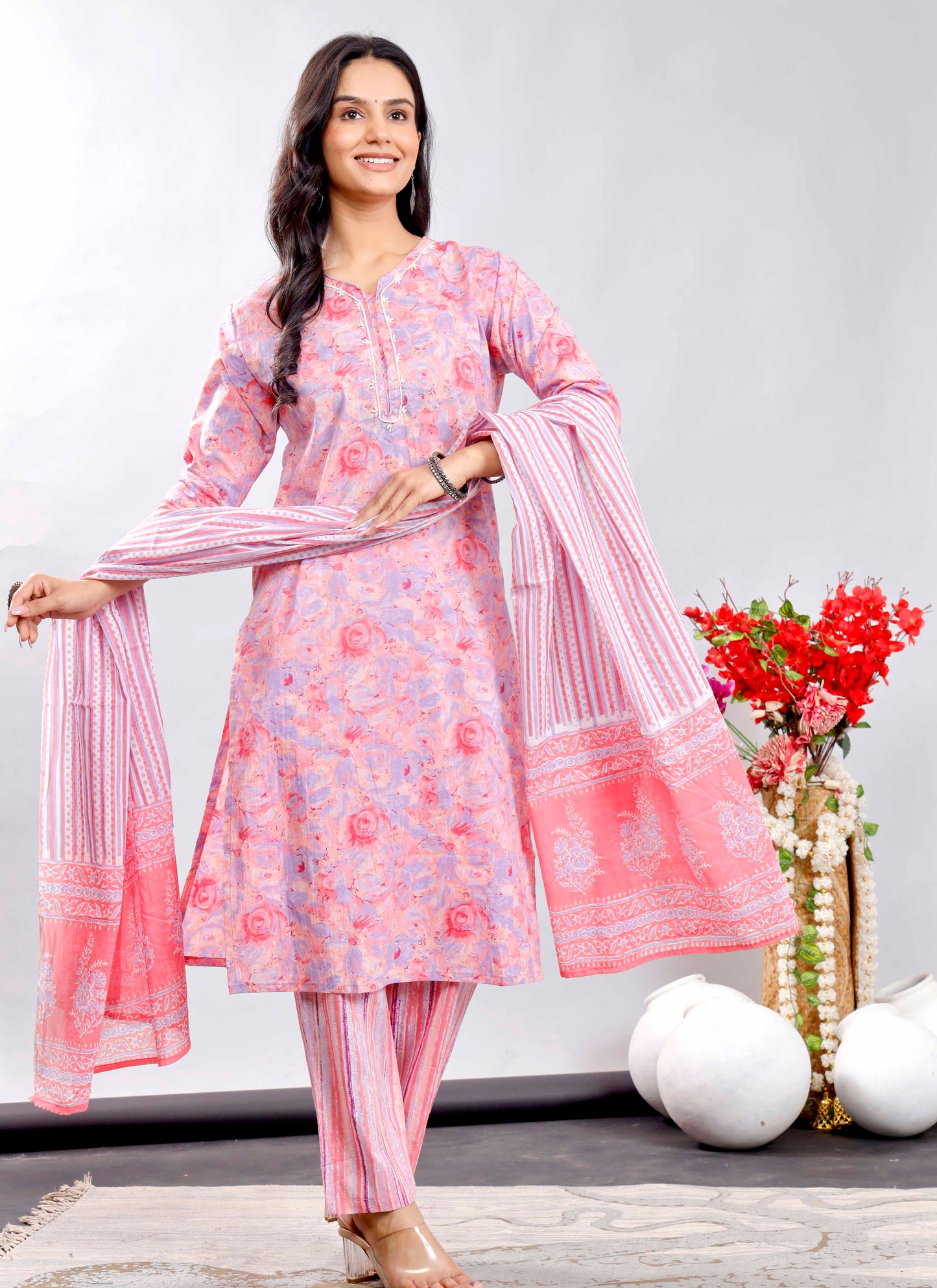 Pink Floral Cotton Suit Set with Printed Dupatta – Traditional Indian Ethnic Wear
