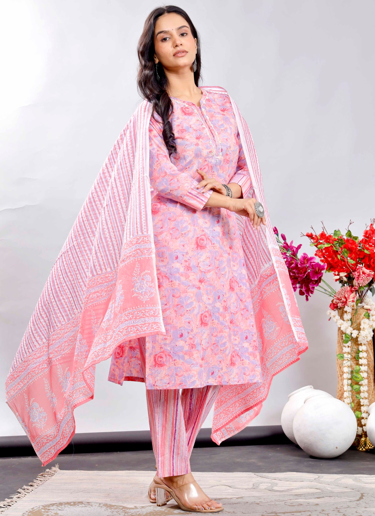 Pink Floral Cotton Suit Set with Printed Dupatta – Traditional Indian Ethnic Wear