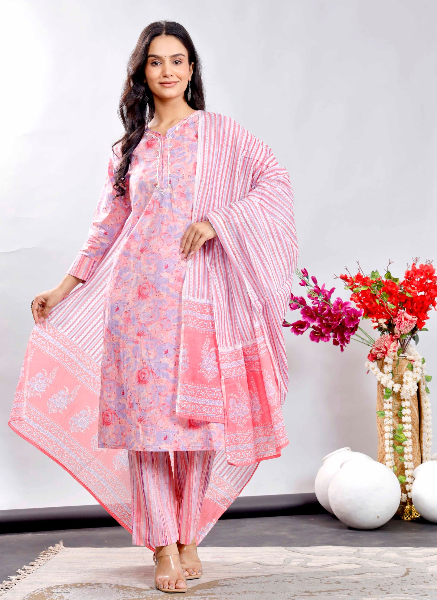 Pink Floral Cotton Suit Set with Printed Dupatta – Traditional Indian Ethnic Wear