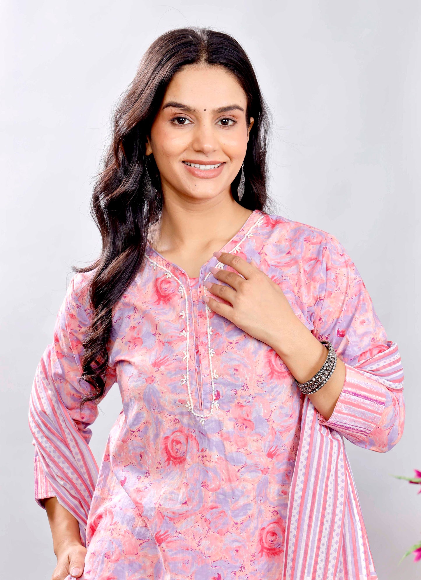 Pink Floral Cotton Suit Set with Printed Dupatta – Traditional Indian Ethnic Wear