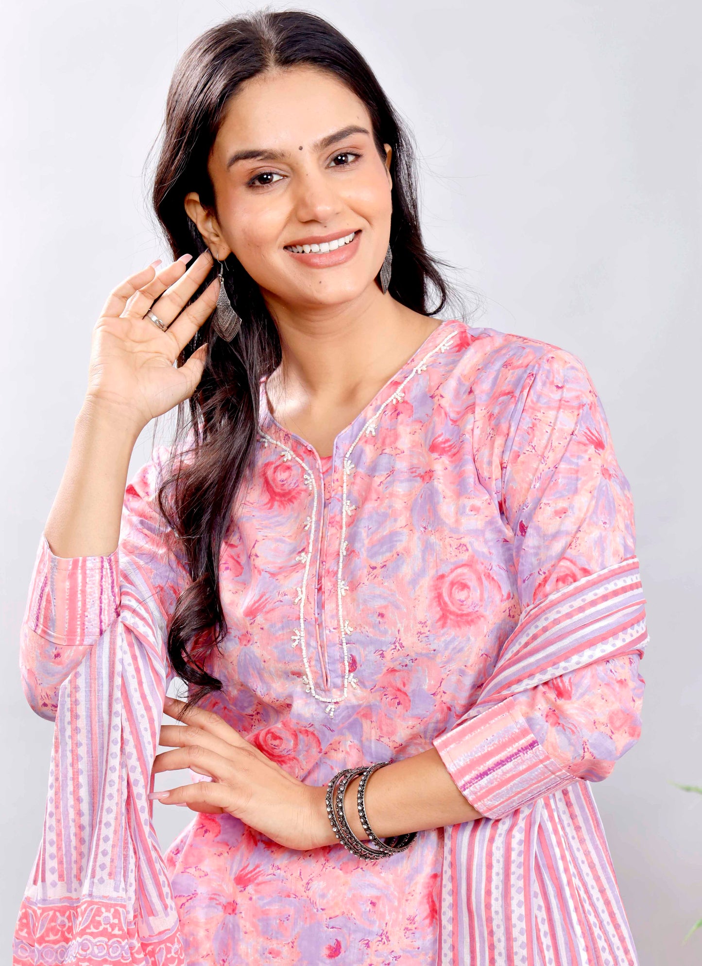 Pink Floral Cotton Suit Set with Printed Dupatta – Traditional Indian Ethnic Wear