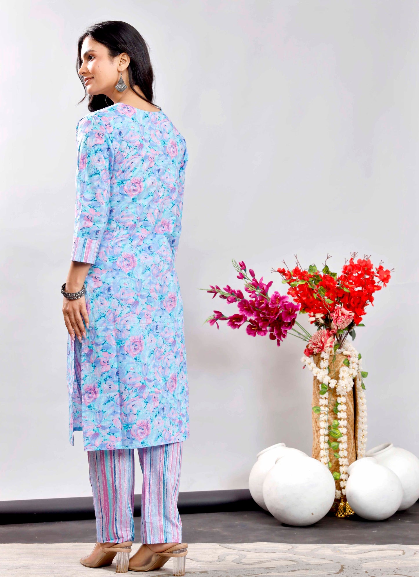 Sky Blue & Pink Floral Printed Cotton Kurta Set with Striped Dupatta – Elegant and Refreshing Ethnic Wear