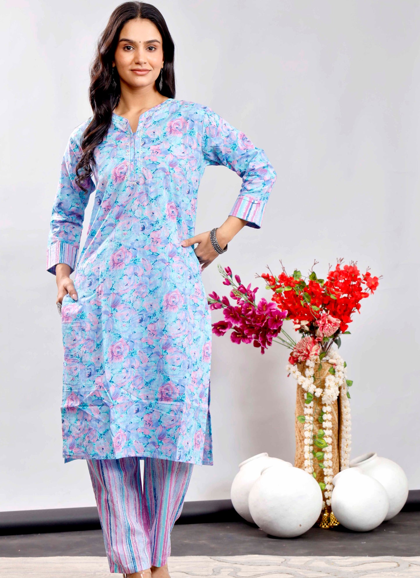 Sky Blue & Pink Floral Printed Cotton Kurta Set with Striped Dupatta – Elegant and Refreshing Ethnic Wear