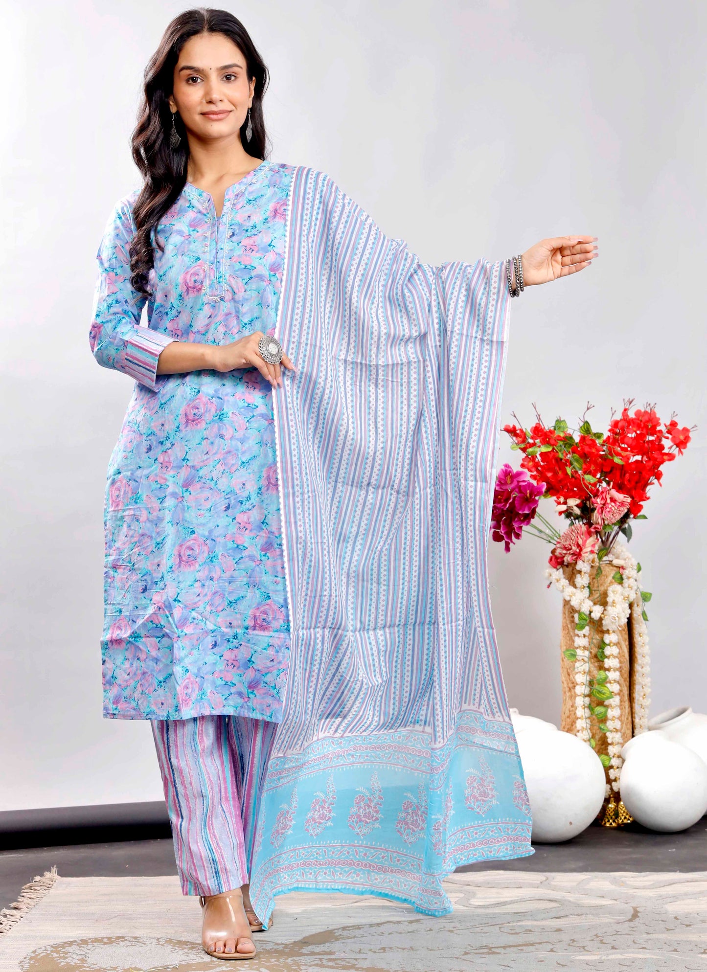 Sky Blue & Pink Floral Printed Cotton Kurta Set with Striped Dupatta – Elegant and Refreshing Ethnic Wear