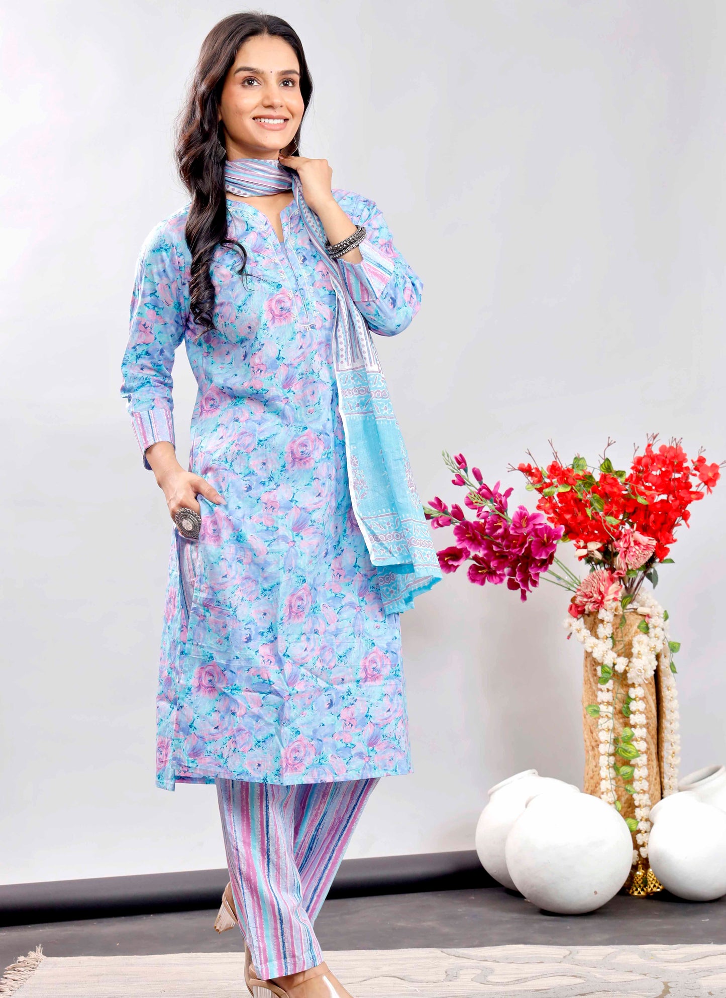 Sky Blue & Pink Floral Printed Cotton Kurta Set with Striped Dupatta – Elegant and Refreshing Ethnic Wear
