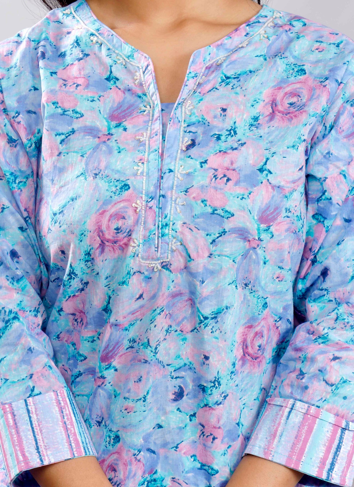 Sky Blue & Pink Floral Printed Cotton Kurta Set with Striped Dupatta – Elegant and Refreshing Ethnic Wear