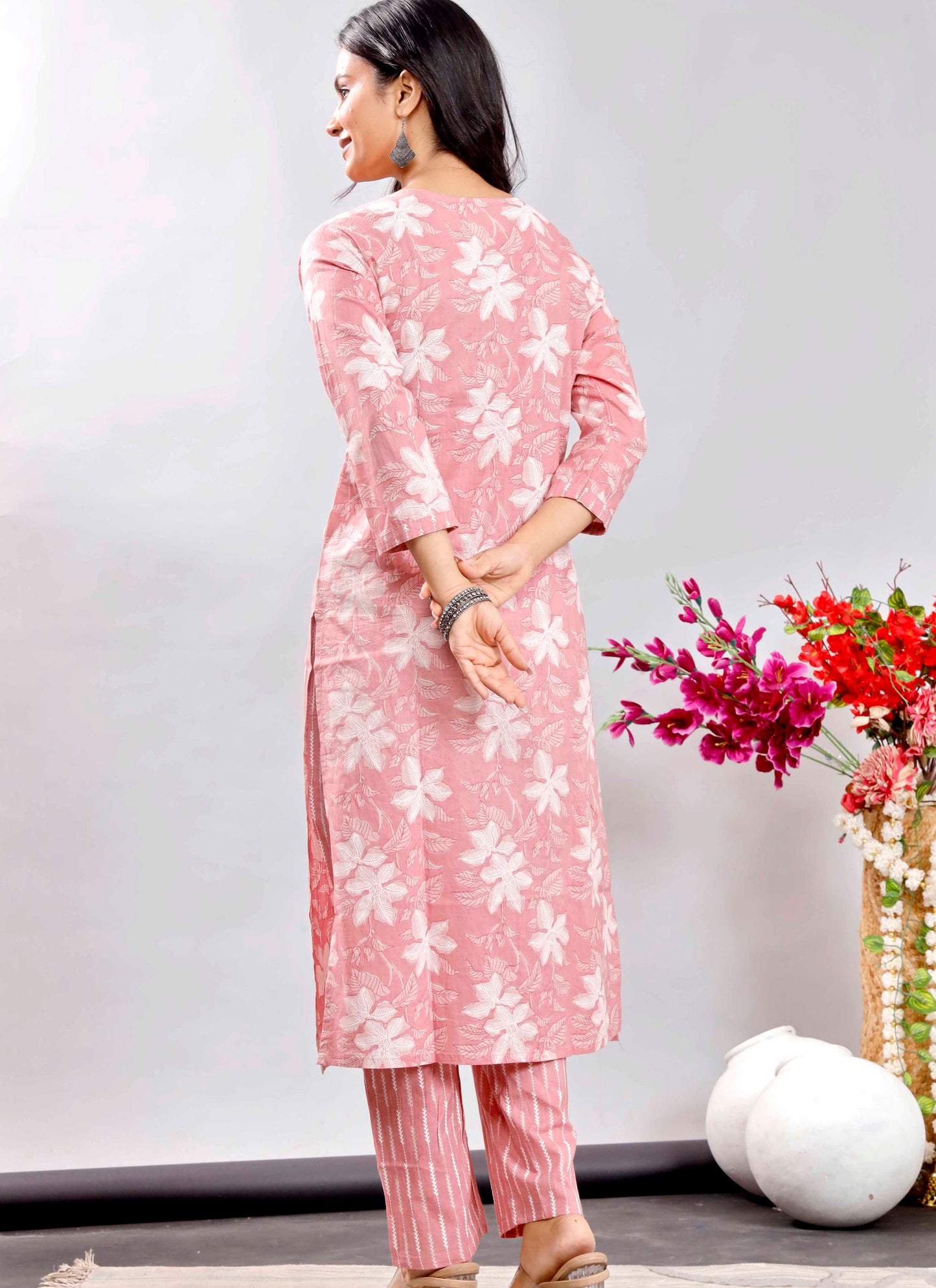 Blush Pink Floral Printed Cotton Kurta Set with Striped Dupatta – Graceful and Breezy Ethnic Ensemble