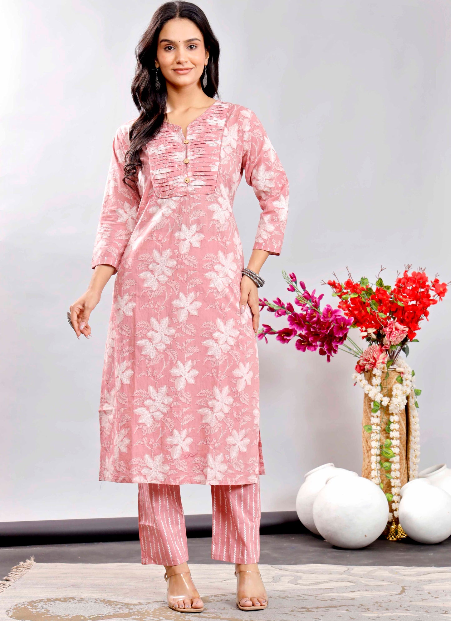 Blush Pink Floral Printed Cotton Kurta Set with Striped Dupatta – Graceful and Breezy Ethnic Ensemble