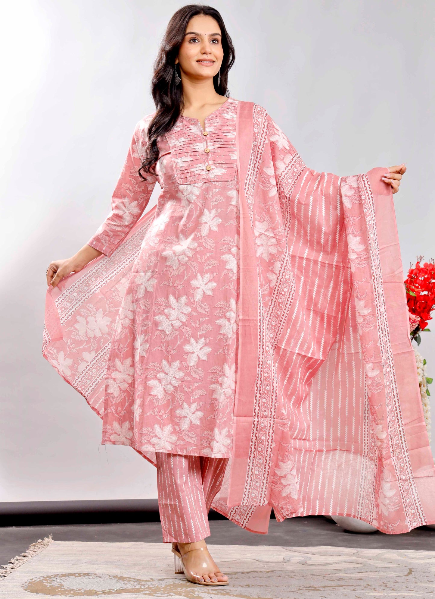 Blush Pink Floral Printed Cotton Kurta Set with Striped Dupatta – Graceful and Breezy Ethnic Ensemble