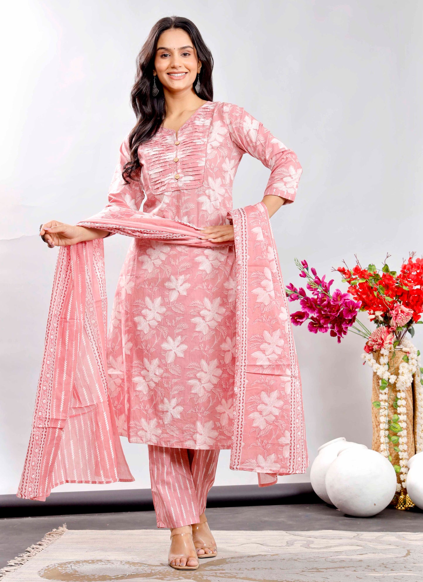 Blush Pink Floral Printed Cotton Kurta Set with Striped Dupatta – Graceful and Breezy Ethnic Ensemble