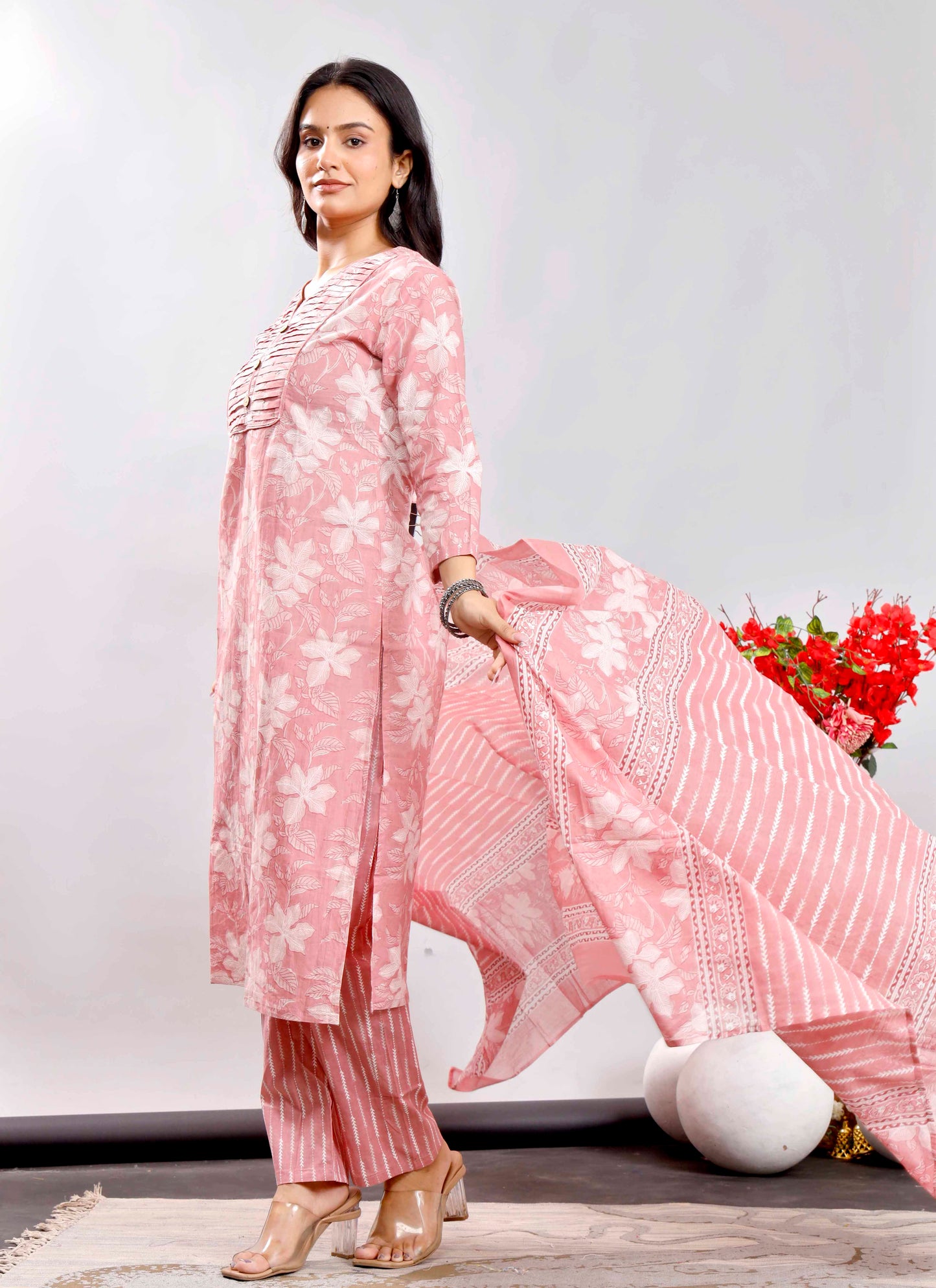 Blush Pink Floral Printed Cotton Kurta Set with Striped Dupatta – Graceful and Breezy Ethnic Ensemble