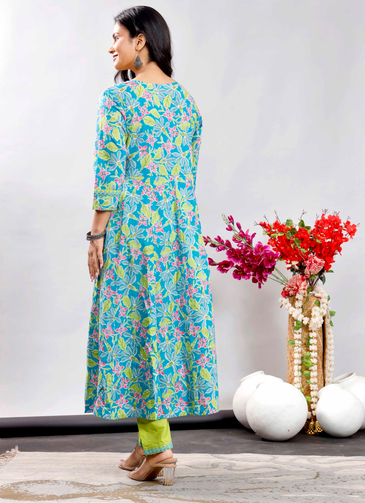 Turquoise and Lime Green Floral Anarkali Kurta Set with Printed Dupatta – Vibrant Ethnic Charm