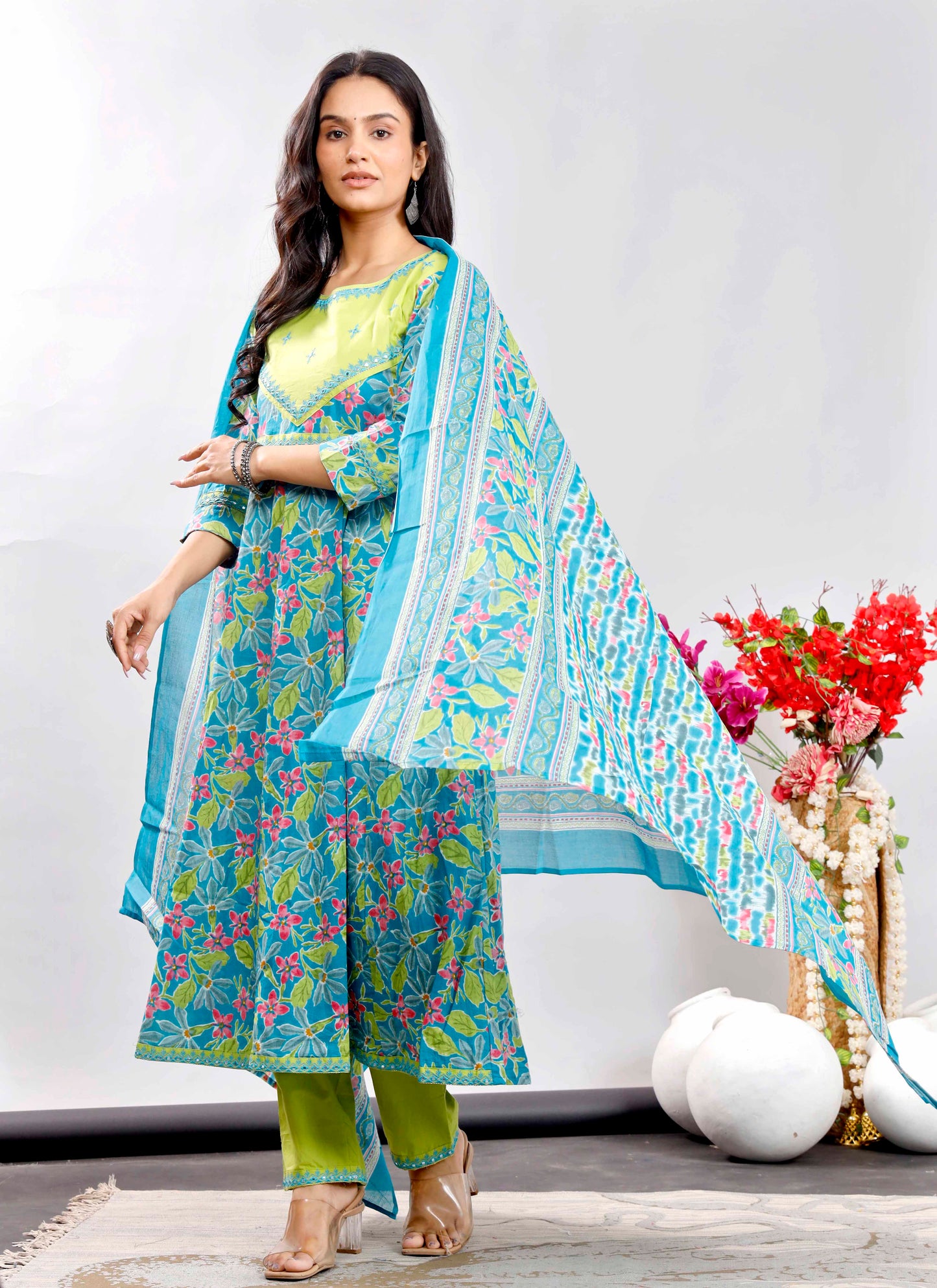 Turquoise and Lime Green Floral Anarkali Kurta Set with Printed Dupatta – Vibrant Ethnic Charm