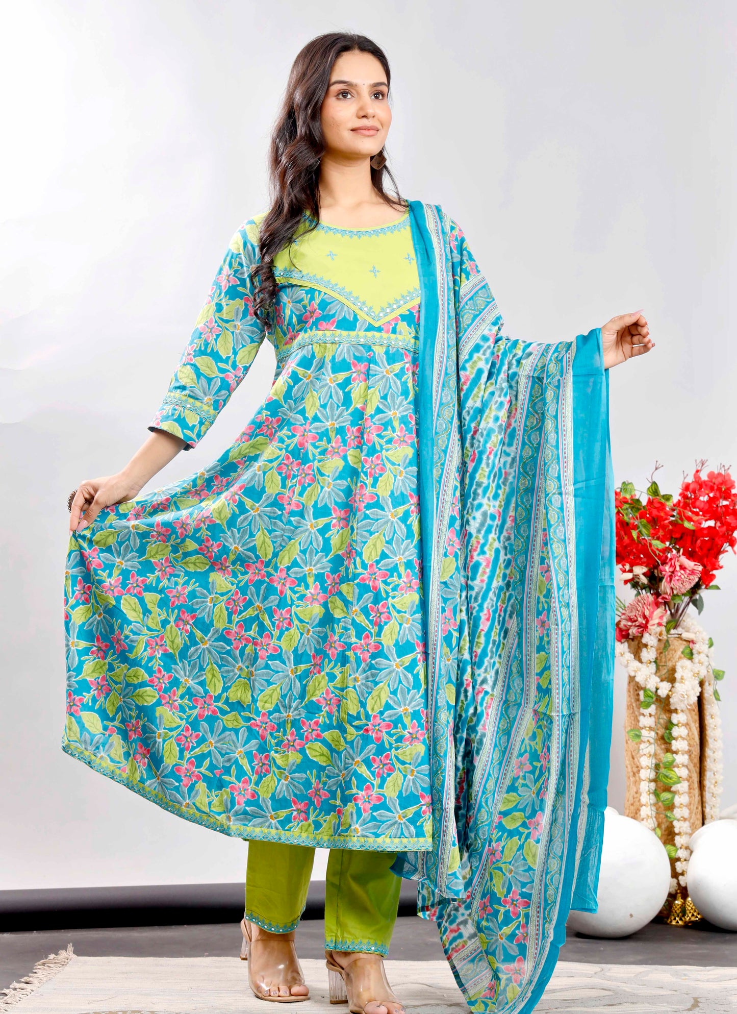 Turquoise and Lime Green Floral Anarkali Kurta Set with Printed Dupatta – Vibrant Ethnic Charm