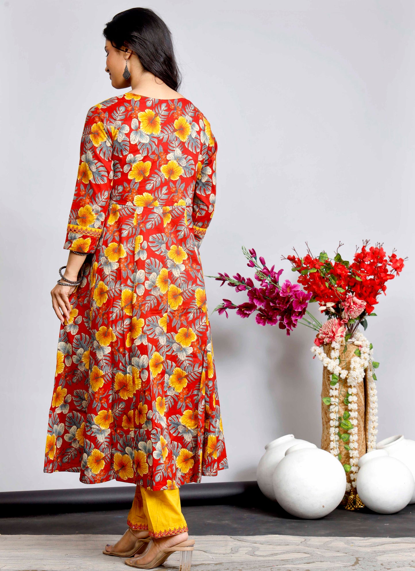 Fiery Red & Yellow Floral Anarkali Kurta Set with Printed Dupatta – Bold & Festive Elegance