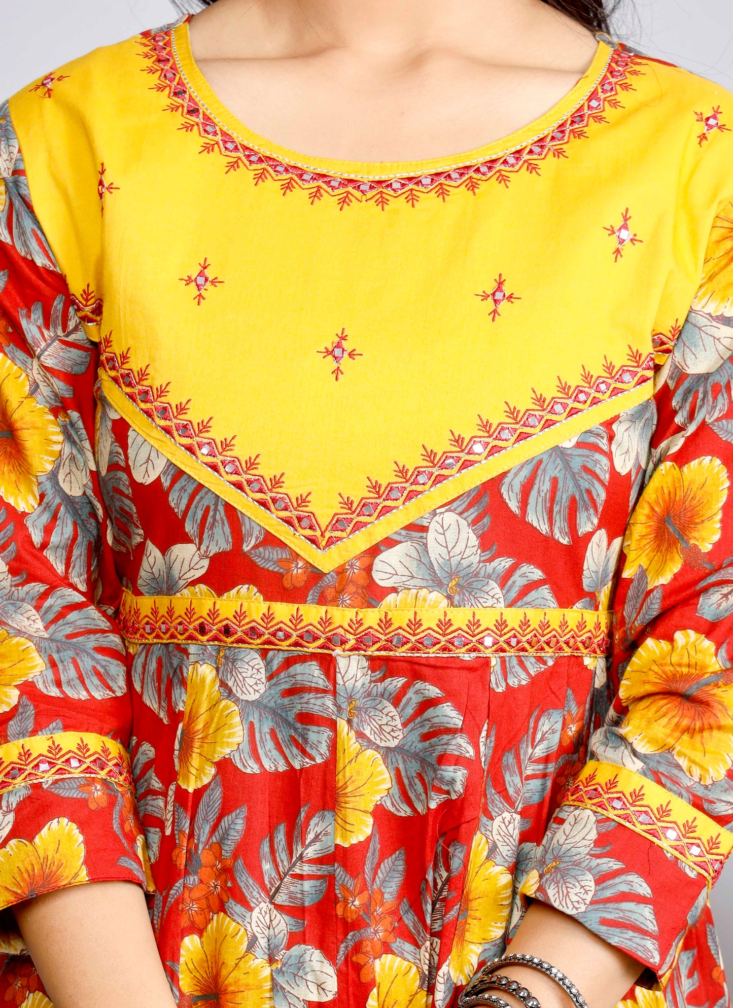 Fiery Red & Yellow Floral Anarkali Kurta Set with Printed Dupatta – Bold & Festive Elegance