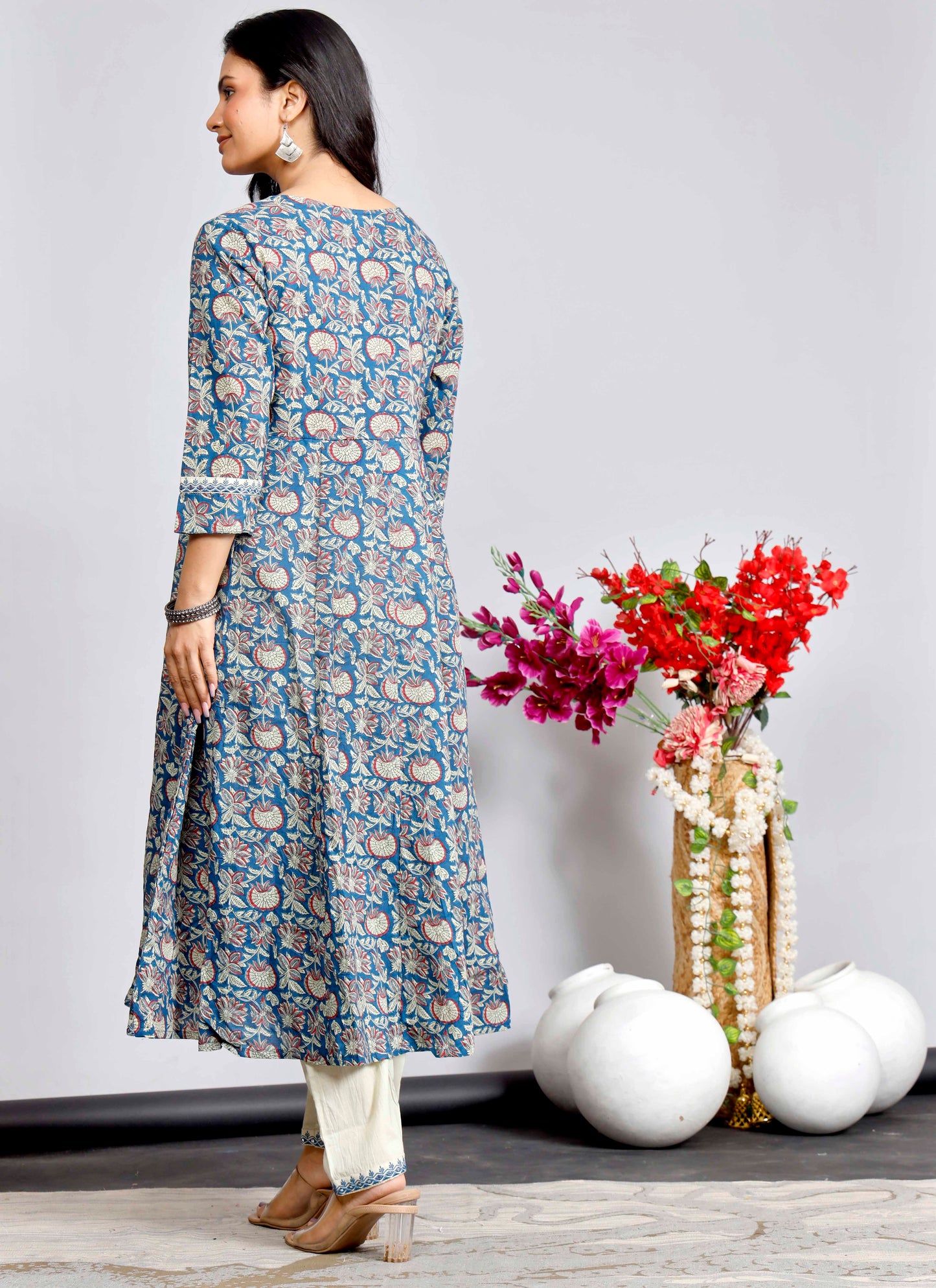 Elegant Indigo & Beige Floral Kurta Set with Printed Dupatta – Timeless Ethnic Charm