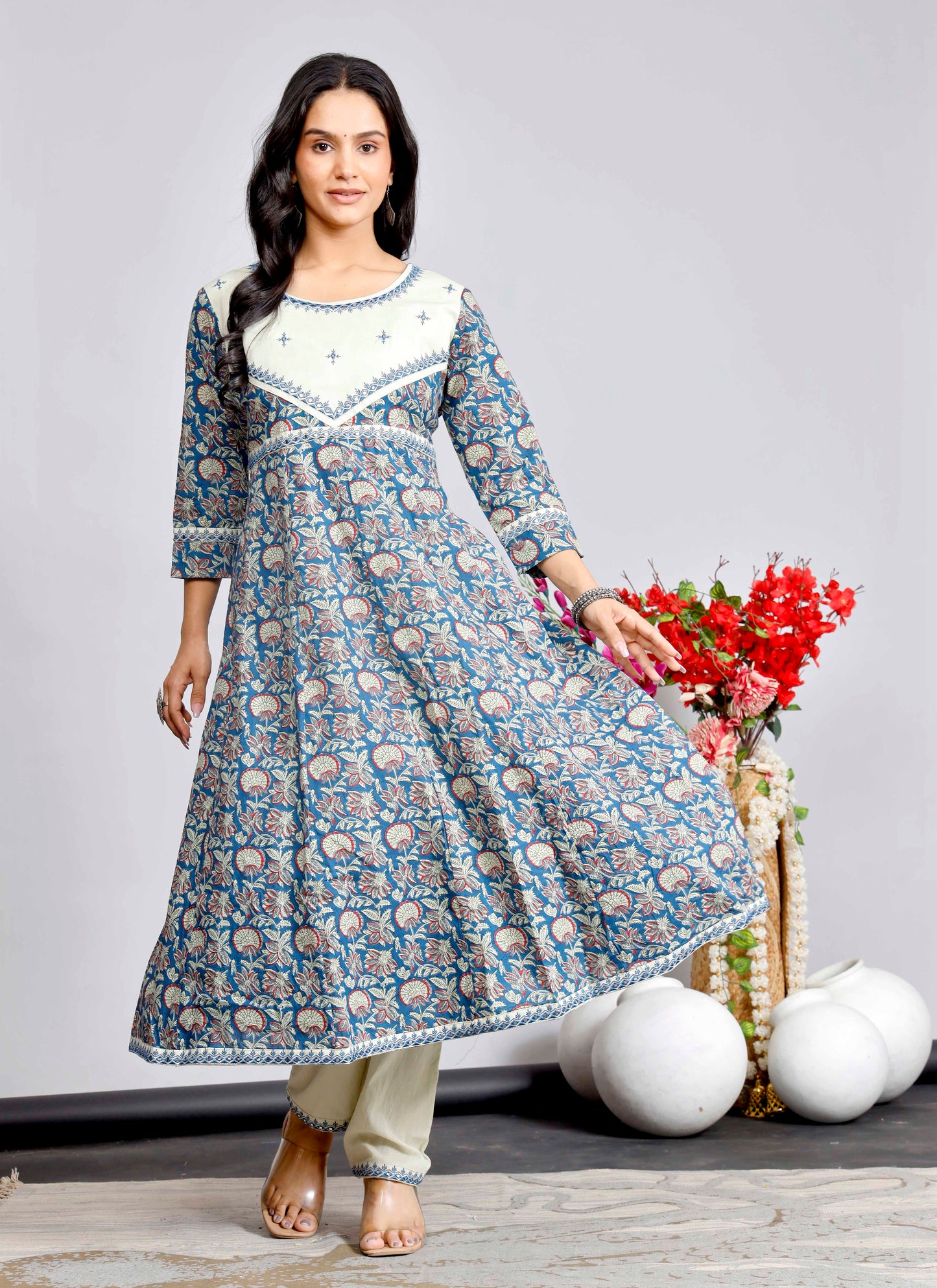 Elegant Indigo & Beige Floral Kurta Set with Printed Dupatta – Timeless Ethnic Charm