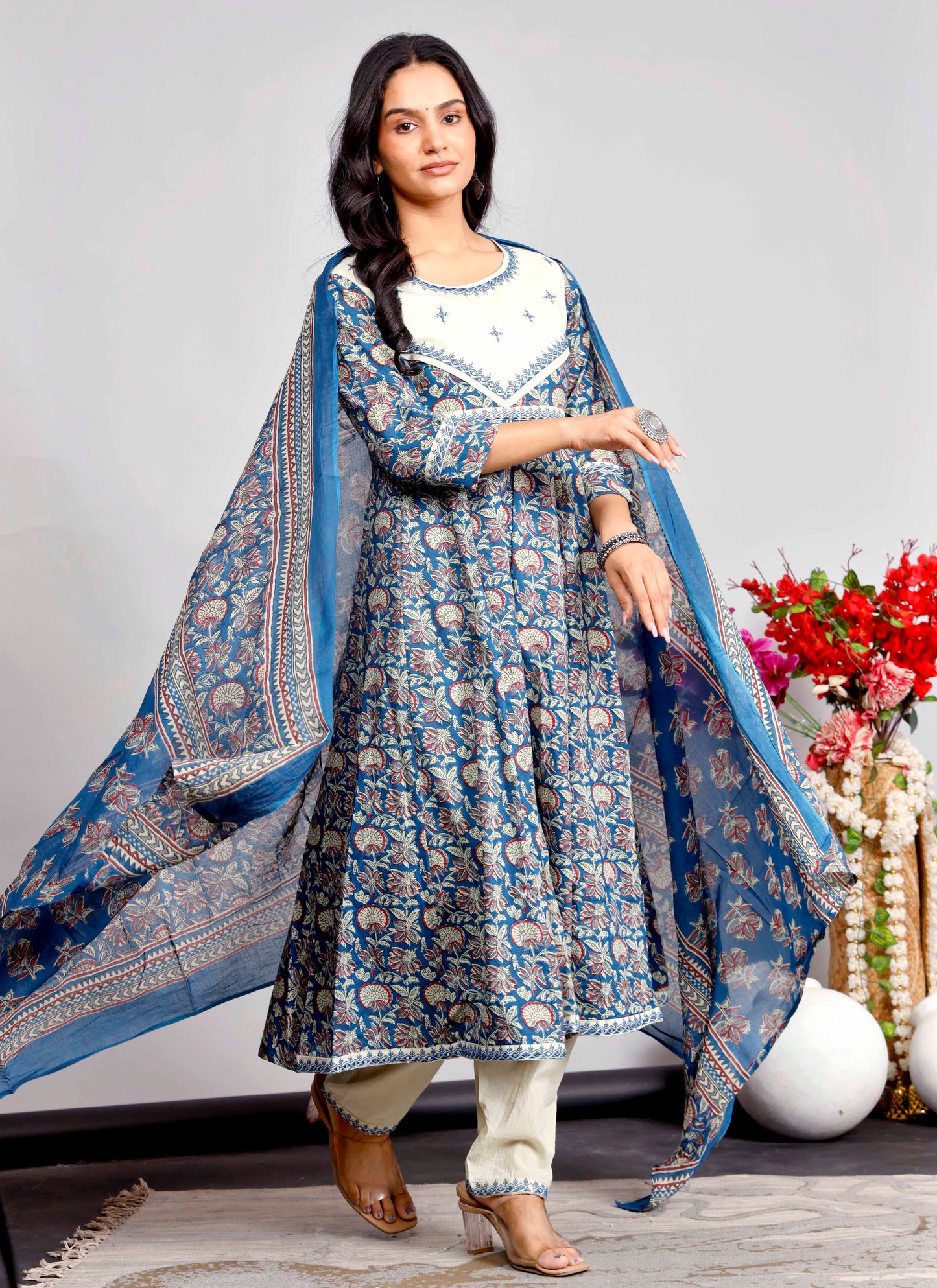 Elegant Indigo & Beige Floral Kurta Set with Printed Dupatta – Timeless Ethnic Charm