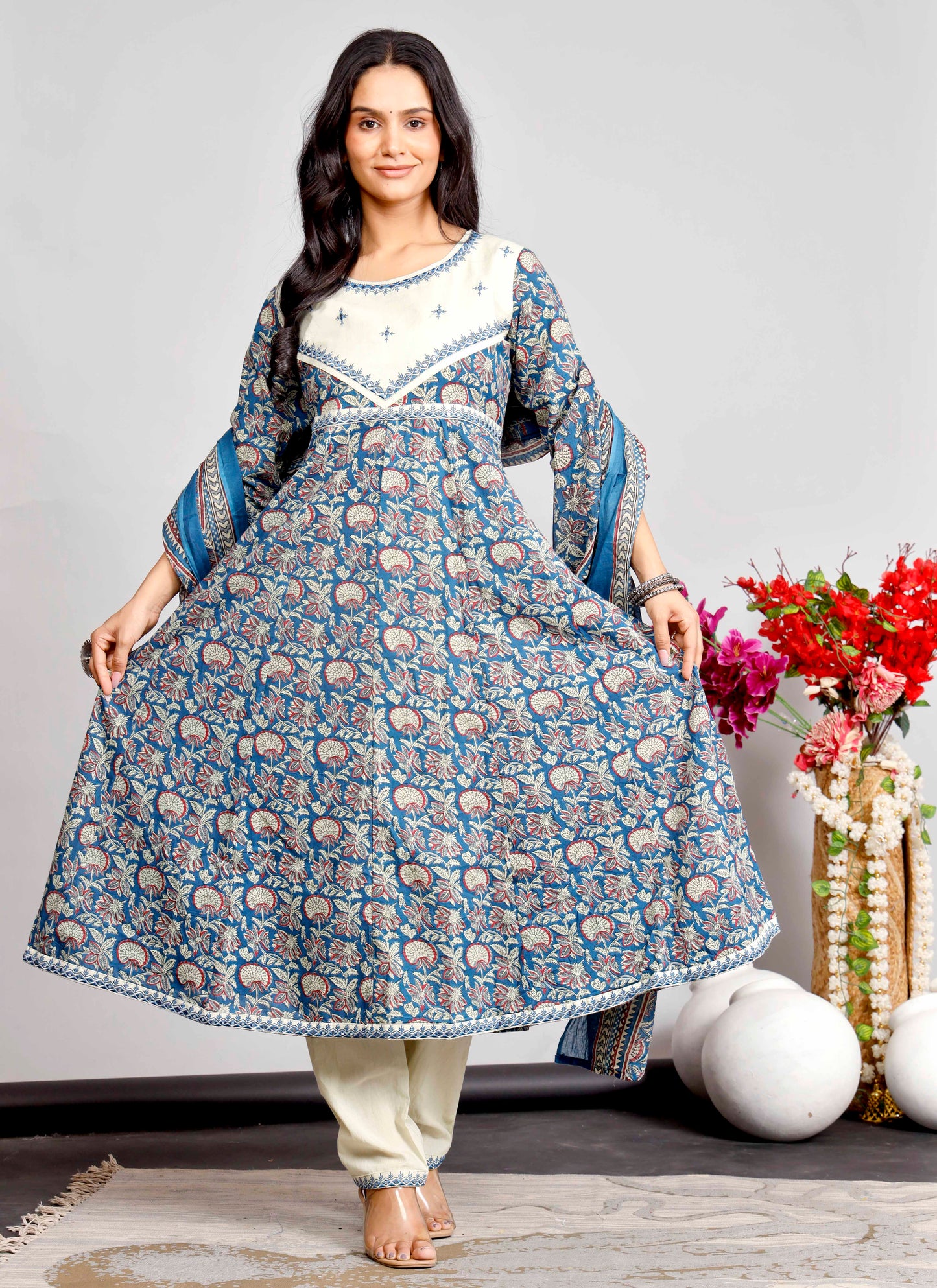 Elegant Indigo & Beige Floral Kurta Set with Printed Dupatta – Timeless Ethnic Charm
