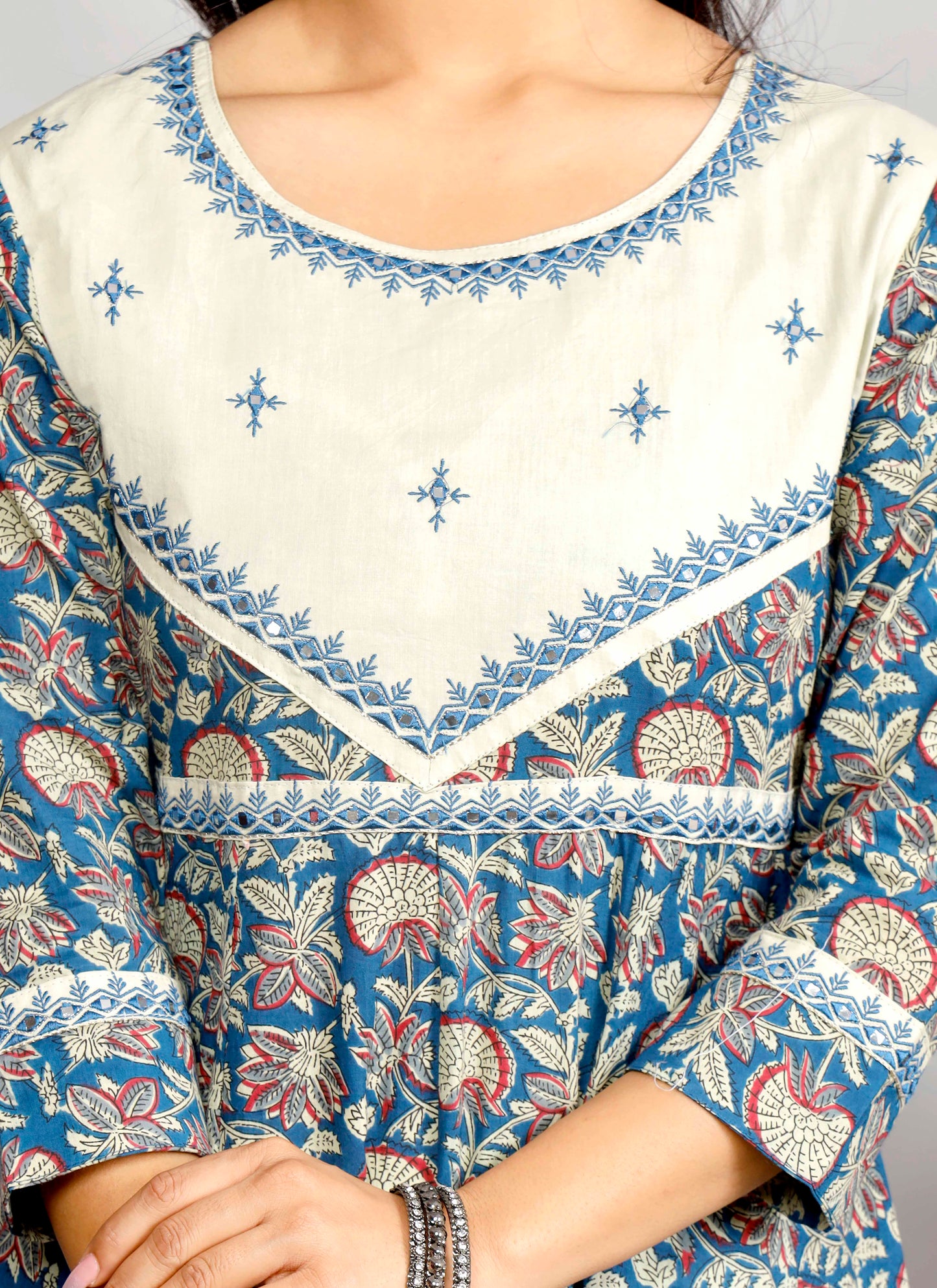Elegant Indigo & Beige Floral Kurta Set with Printed Dupatta – Timeless Ethnic Charm