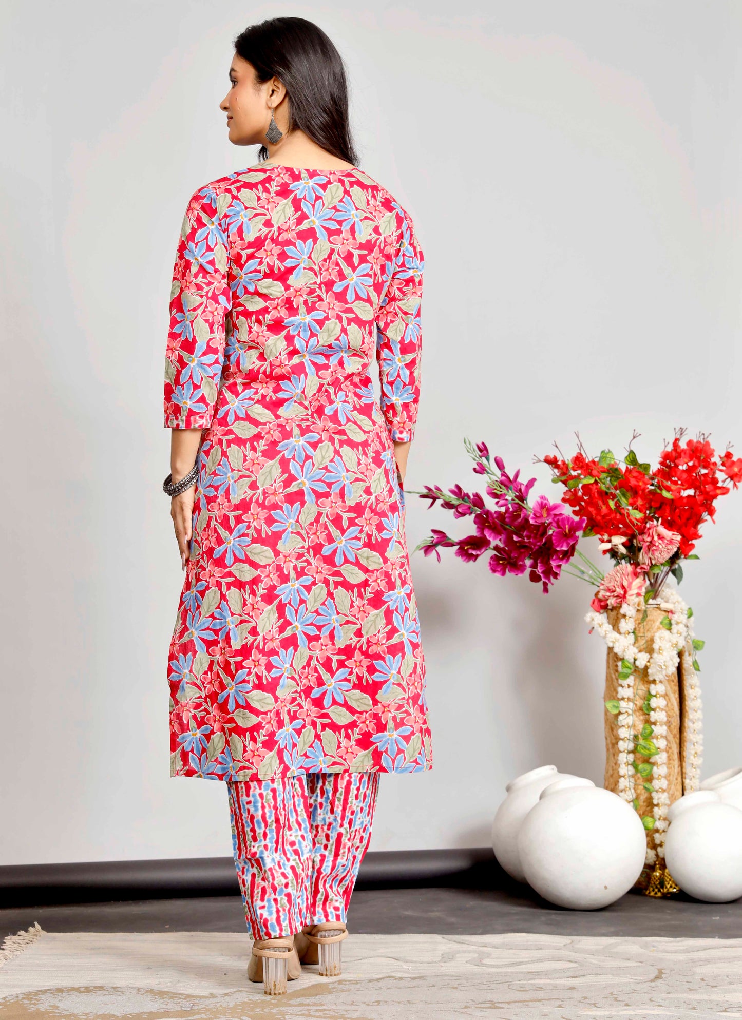 Bright Red & Blue Floral Kurta Set with Tie-Dye Inspired Dupatta – Festive Fusion Elegance