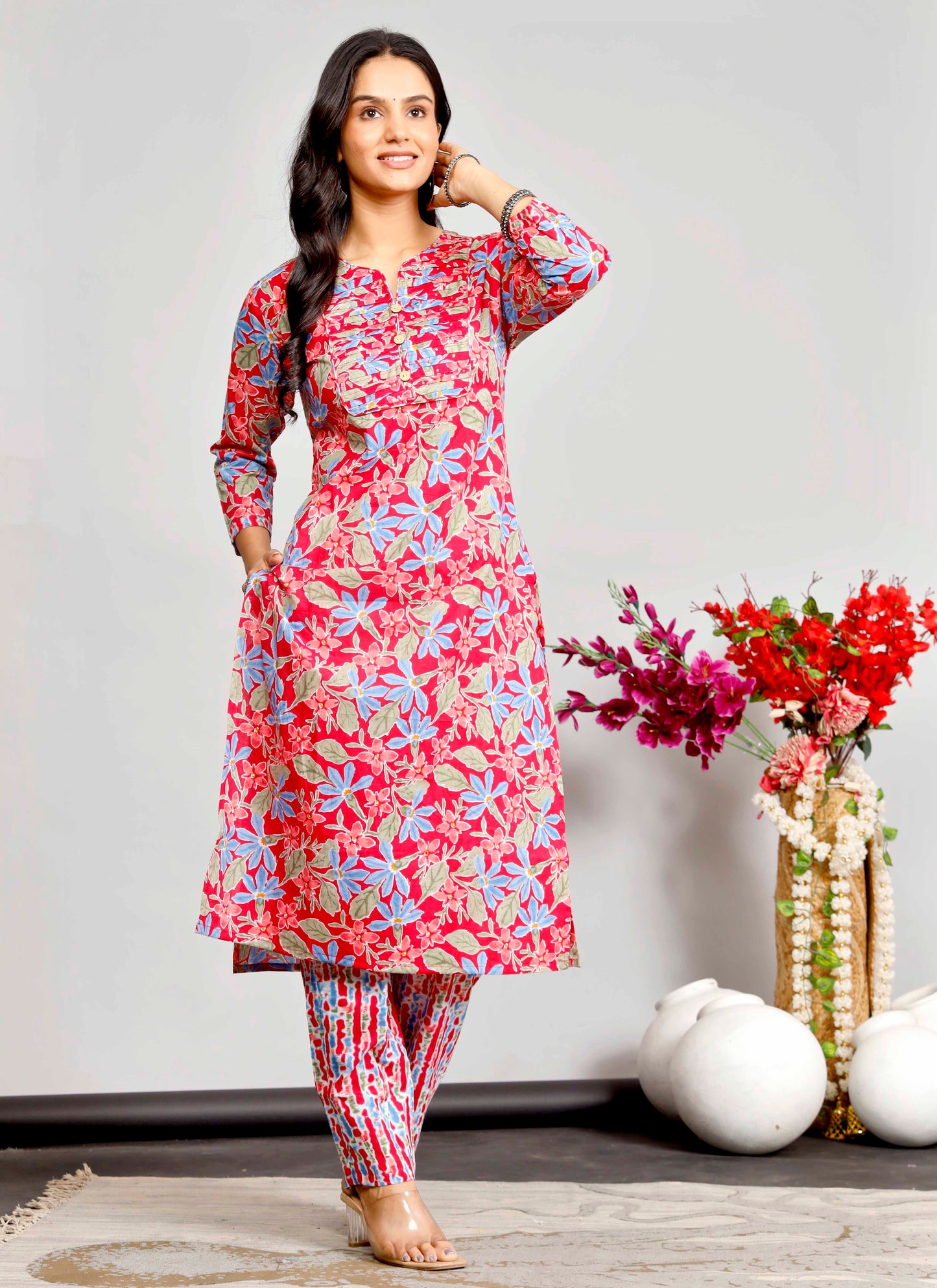 Bright Red & Blue Floral Kurta Set with Tie-Dye Inspired Dupatta – Festive Fusion Elegance