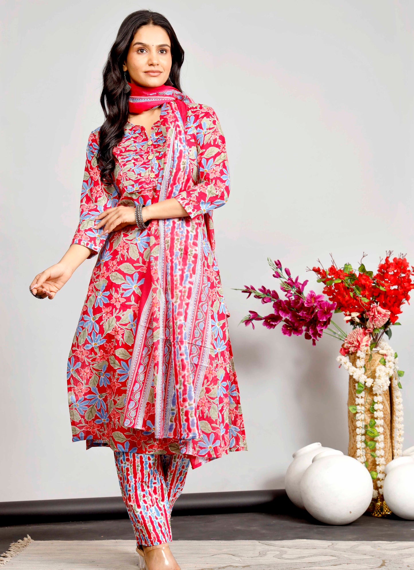 Bright Red & Blue Floral Kurta Set with Tie-Dye Inspired Dupatta – Festive Fusion Elegance